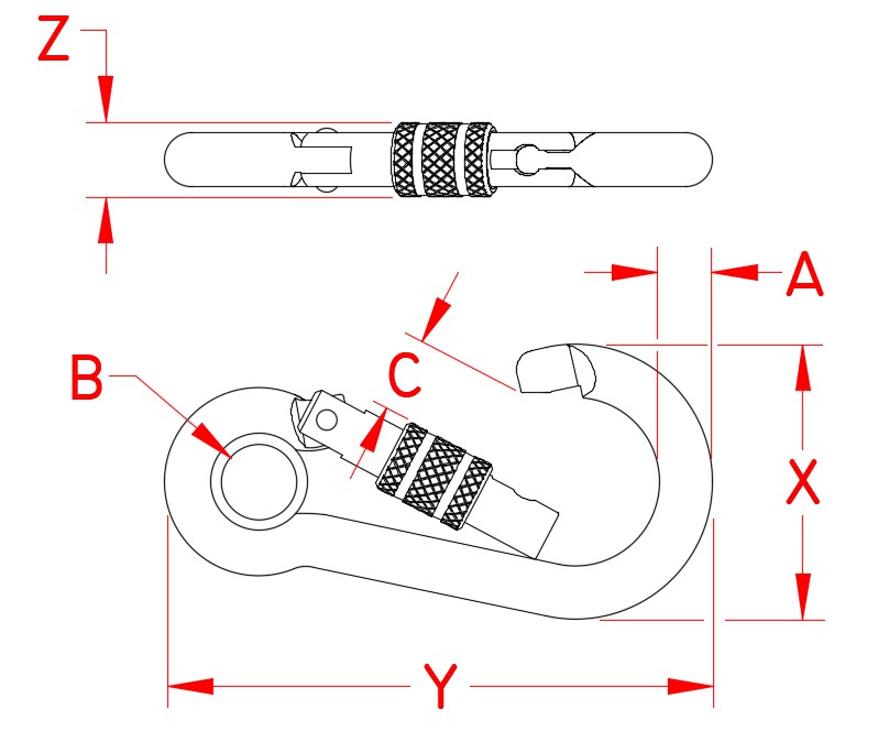 Stainless Steel Screw/Key Lock Spring Clip with Eye, S0181-K100, S0181-K120, Line Drawing